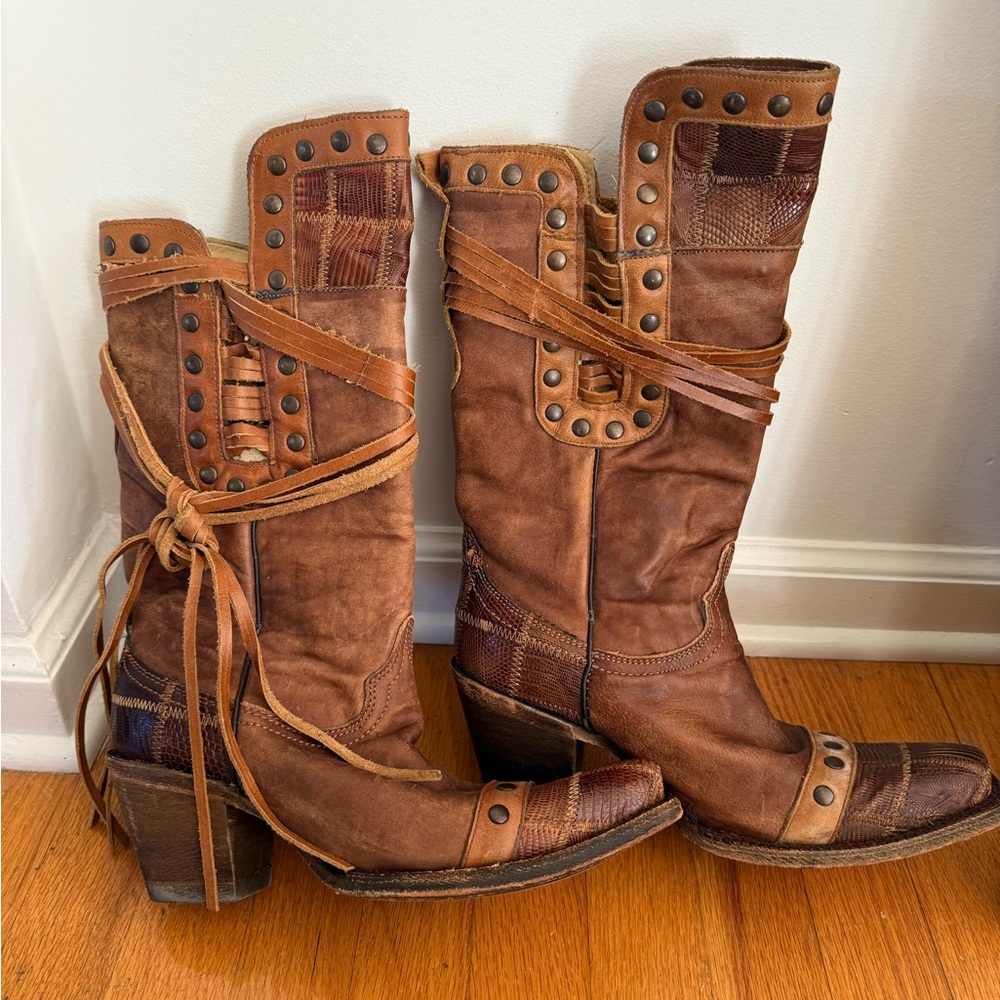 Like New Corral Rustic Brown Patchwork Heeled Boots